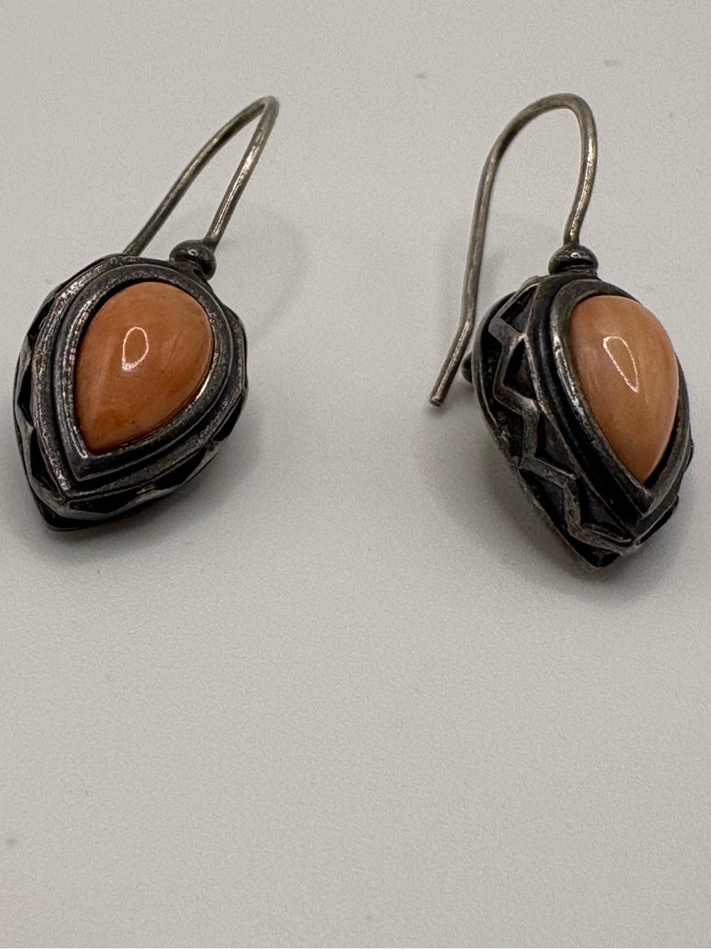 Sterling Silver Teardrop Coral Earrings - Peach Stone